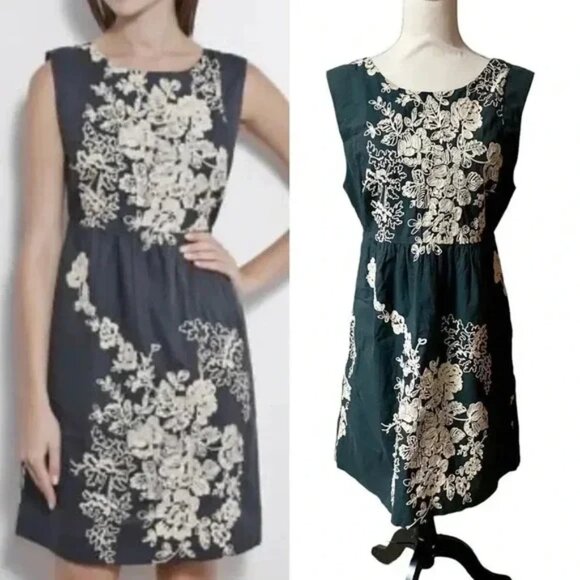 J Crew Mirabel Gray Cream Embroidered Floral Dress SZ 2 Pockets Garden Party - Picture 1 of 9